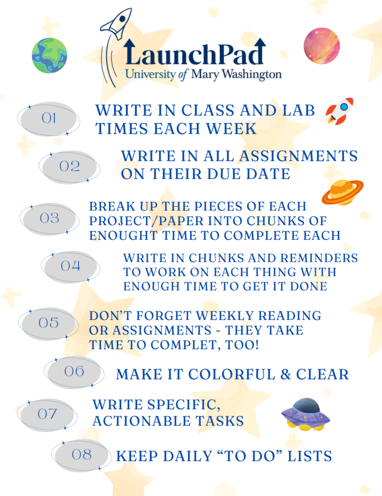 Syllabus Tips:
Write in class and lab times each week. Write in all assignments on their due date. Break up the pieces of each project/paper into chunks of enough time to complete each. Write in chunks and reminders to work on each thing with enough time to get it done. Don't forget weekly reading or assignments - they take time to complete, too! Make it colorful and clear. Write specific actionable tasks and keep daily "to do" lists. 